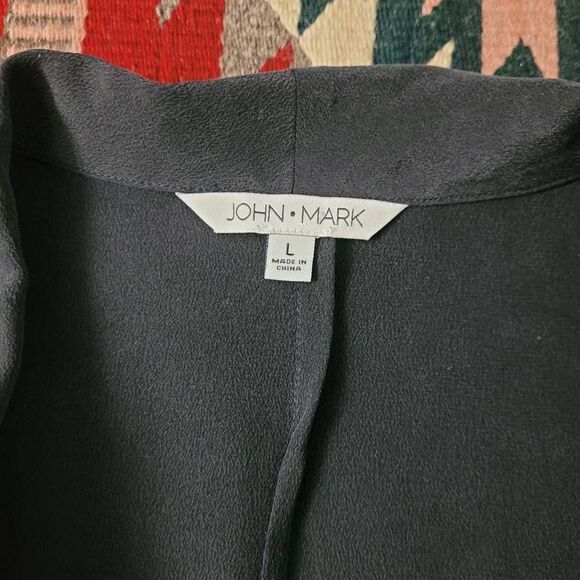 John Mark Silk Long Zip Front Jacket Coat Sz L Black Lightweight Oversized - Picture 3 of 7